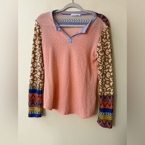 Ces Femme Peach and Multi-Patterned Long Sleeve Knit Top, no size tag